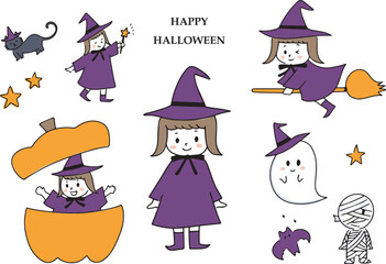 ハロウィンの女の子のイラストセット