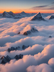 Photo illustration of the sunrise in the middle of a mountain covered in white clouds