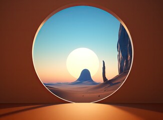 View from the round window at desert sand dune sunset. Generative AI