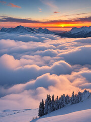 Photo illustration of the sunrise in the middle of a mountain covered in white clouds