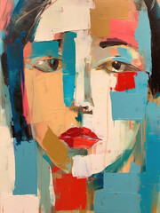 Abstract Art. Painting of a woman with symmetrical sad face portrait, cream red and teal face, fractured, cream red teal  black colour palette. Vibrant Colours. 