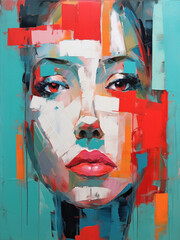 Abstract Art. Painting of a woman with symmetrical face portrait, white red teal and orange face, fractured, teal, orange and red colour palette. Vibrant Colours. 