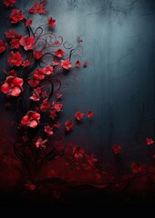 Obraz premium Whimsical Realism: Dreamlike Illustration of Red Roses on Dark Backgrounds - Generative AI