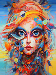 Abstract Art. Painting of a woman with colorful makeup and feathers. Detailed facial structure, vibrant colours, comprehensive artwork
