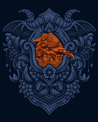 Crow bird on antique engraving ornament frame