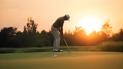 a golfer is practicing putting on the green under sunset. 
 - obrazy, fototapety, plakaty
