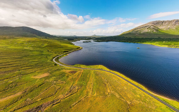 Scenic drive at Connemara National Park aerial shot in Ireland