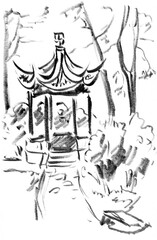 Fototapeta na wymiar Chinese gazebo in the park, graphic black and white drawing