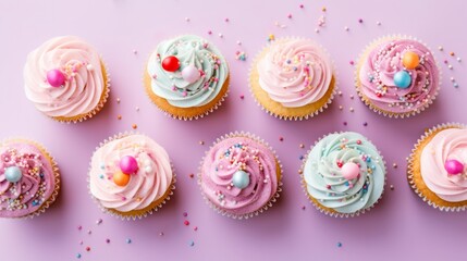 Illustration of a colourful assortment of cupcakes with vibrant sprinkles on a captivating purple backdrop created with Generative AI technology