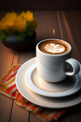 a cup of coffee sitting on top of a saucer, cappuccino, cozy cafe background, cup of coffee, celebration of coffee products, ko-fi, steaming coffee, hot coffee, coffee and musical instrument,