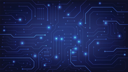 Hi tech digital circuit board. AI pad and electrical lines connected on blue lighting background. futuristic technology design element concept