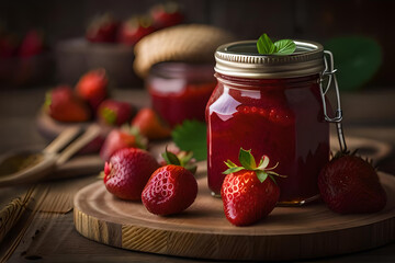 Strawberry jam in the glass jar with berries - obrazy, fototapety, plakaty