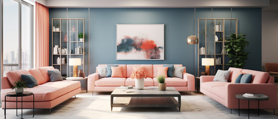 Living room with furniture and a painting, orange pastel colors, pink, smooth and teal color scheme. A modern track arm sofa with cushions and armchairs. Curtains on large window. Horizontal picture