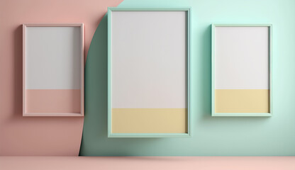 Three blank vertical light pastel panels, mockup of empty framed posters. 3d artwork template in minimal interior design, coloured wall, minimalist stylish illustration with copy space. pink and teal