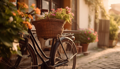 Fototapeta na wymiar Old fashioned bicycle with flower basket, cycling through nature beauty generated by AI