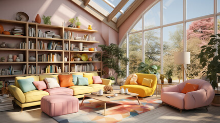 3d rendering of living room, soft pastel colors, yellow and pink furniture, sofa and armchair, interior design, eccentric elegance, natural lighting, large panoramic window to bright garden. bookcase
