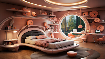 Large bed, child bedroom next to window, 3D render furnishing, pink orange purple colors, curvy build, oled lights in corners, bio inspired design, lamp, desk and chair. room for children