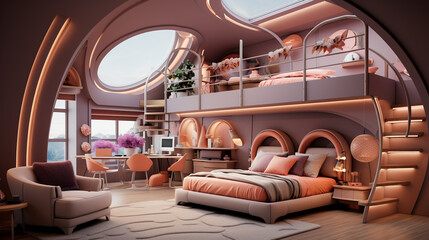 Large bed, futuristic bedroom with round window, armchair and ladder, 3D rendering, pink orange purple colors, cute room for children, curved structure, bunk bed with scifi eye-catching design. 