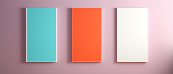Naklejka premium Three blank vertical light pastel panels, mockup of empty colored posters. Ai 3d artwork template in light purple wall, minimalist stylish illustration with copy space for pictures or ads text