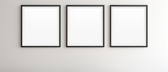 Three blank square white panels with black frames, mockup of empty framed posters. Ai 3d artwork template, minimal interior design, minimalist 3d rendering gallery with copy space