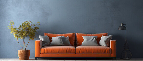 Modern living room with orange leather sofa and cushion. Large blue blank wall with space for furniture advertising. Wide panoramic advertising photograph with elegant sofa, lamp and vase with plant