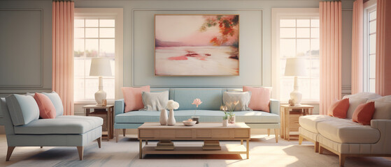 3d render of a living room painted in soft pastel colors, blue and pink walls and furniture, sofa and armchair in light orange and light aquamarine, flowing forms, quirky elegance, natural lighting