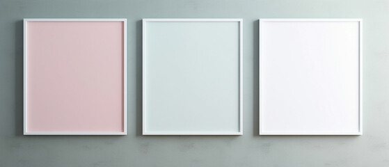 Three blank vertical light pastel panels, mockup of empty framed posters. Ai 3d artwork template, minimal interior design, light blue wall, minimalist stylish gallery with copy space
