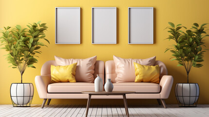 Blank vertical light panels, mockup of empty framed posters. Ai 3d artwork template, minimal interior design, a yellow pastel wall, minimalist stylish living room with copy space, sofa, and plants