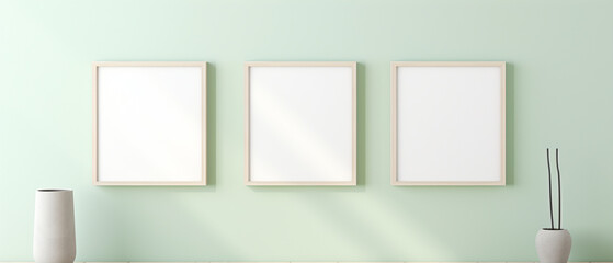 Fototapeta na wymiar Three blank square panels, mockup of empty framed posters. Ai 3d artwork template, minimal interior design, a light green wall, minimalist stylish gallery with copy space and vases