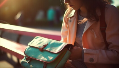 Young woman holding suitcase, sitting outdoors, waiting for transportation generated by AI