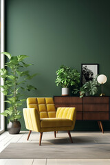Elegant yellow velvet chair next to a large window. Living room, Ai generated 3D rendering. Dark green colours walls. Mid-century modern wooden furniture and floor. Plants in a chic house.
