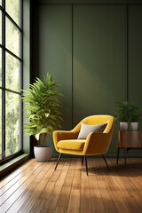 Elegant yellow velvet chair next to a large window. Living room, Ai generated 3D rendering. Dark green colours walls. Mid-century modern wooden furniture and floor. Plants in a chic house.