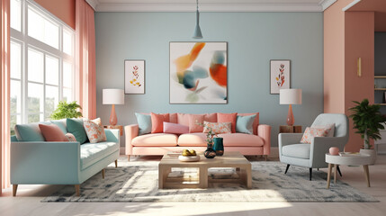 3d render of a living room painted in soft pastel colors, blue and pink walls and furniture, sofa and armchair in light orange and light aquamarine, flowing forms, quirky elegance, natural lighting