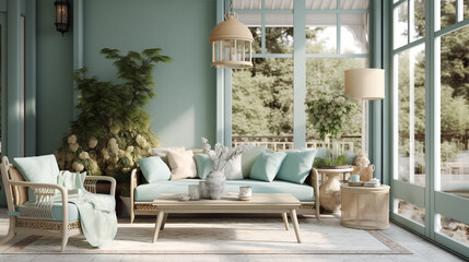 Fototapeta premium Elegant, cozy and contemporary residence porch, outdoor furniture, wooden sofa and armchairs, coffee table. blue and linen colours. Typical seaside home. Ai 3D rendering of the panoramic patio.