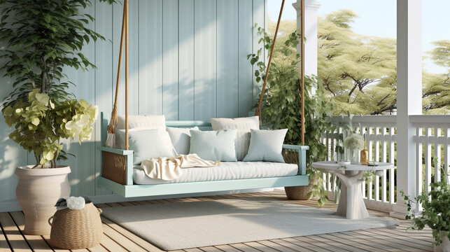 Elegant, cozy residence patio, outdoor furniture, wooden hanging porch swing bed and railing. blue and linen colours. Typical seaside home. Ai 3D rendering of the panoramic terrace.