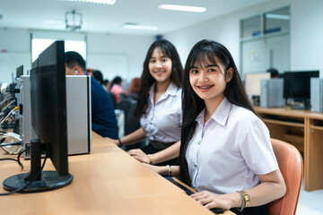 Asian girls students studying computer subject in computer classroom
