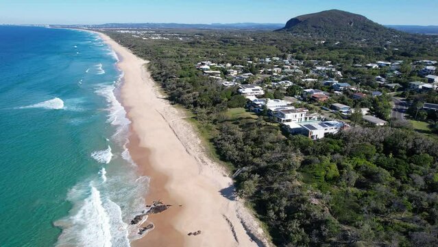 Waves Onto Golden Sand Of Yaroomba Beach In The Sunshine Coast Region, QLD Australia. Aerial Drone Shot