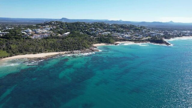 Flying On The Beachside Town Of Coolum Beach In Sunshine Coast, Queensland, Australia. Aerial Shot