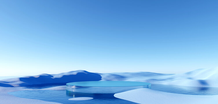 3d render Surreal pastel landscape background with geometric shapes, abstract fantastic desert dune in seasoning landscape with arches, panoramic, futuristic scene with copy space, blue sky and cloudy