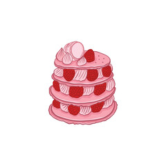 Pancakes with raspberries and strawberries. Vector illustration.