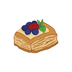 puff pastry with blueberries and raspberries, vector illustration