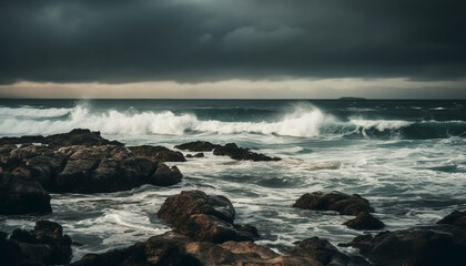 Breaking waves crash on rocky coastline, awe inspiring beauty in nature generated by AI