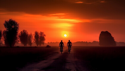 Fototapeta premium Silhouette of men cycling in back lit sunset, outdoor adventure generated by AI