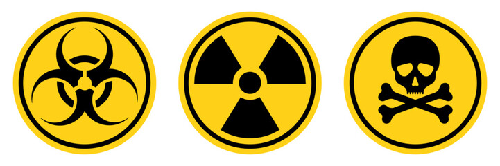 Obraz premium Set hazard danger yellow vector signs. Radiation sign, Biohazard sign, Toxic sign. 