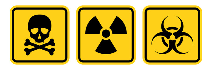 Fototapeta premium Set hazard danger yellow vector signs. Radiation sign, Biohazard sign, Toxic sign. 
