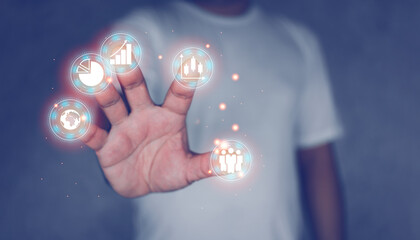 Man use finger touch digital marketing icon on the interface screen. Online marketing, and E-business. Business online.