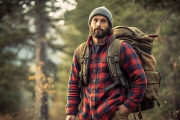 Fototapeta na wymiar Handsome bearded man with backpack in the autumn forest. Travel and adventure concept