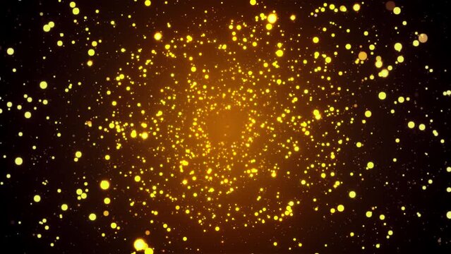 Golden glitter background in slow motion. real dust particles floating in the air. Universe gold dust stars. Shimmering Glittering Particles With Bokeh. New year and Christmas 2024, 2025 background.