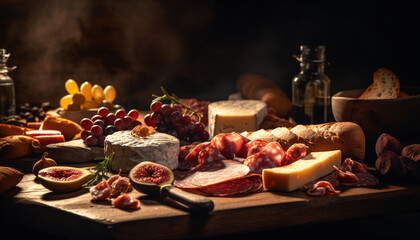 Rustic wood tray holds gourmet appetizers prosciutto, salami, Camembert, fig, grape, bread, and wine generated by AI