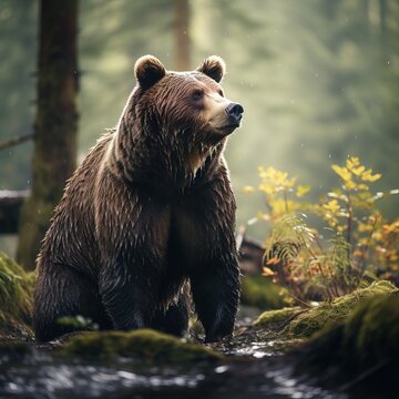 Wildlife photography of a standing bear in the forest